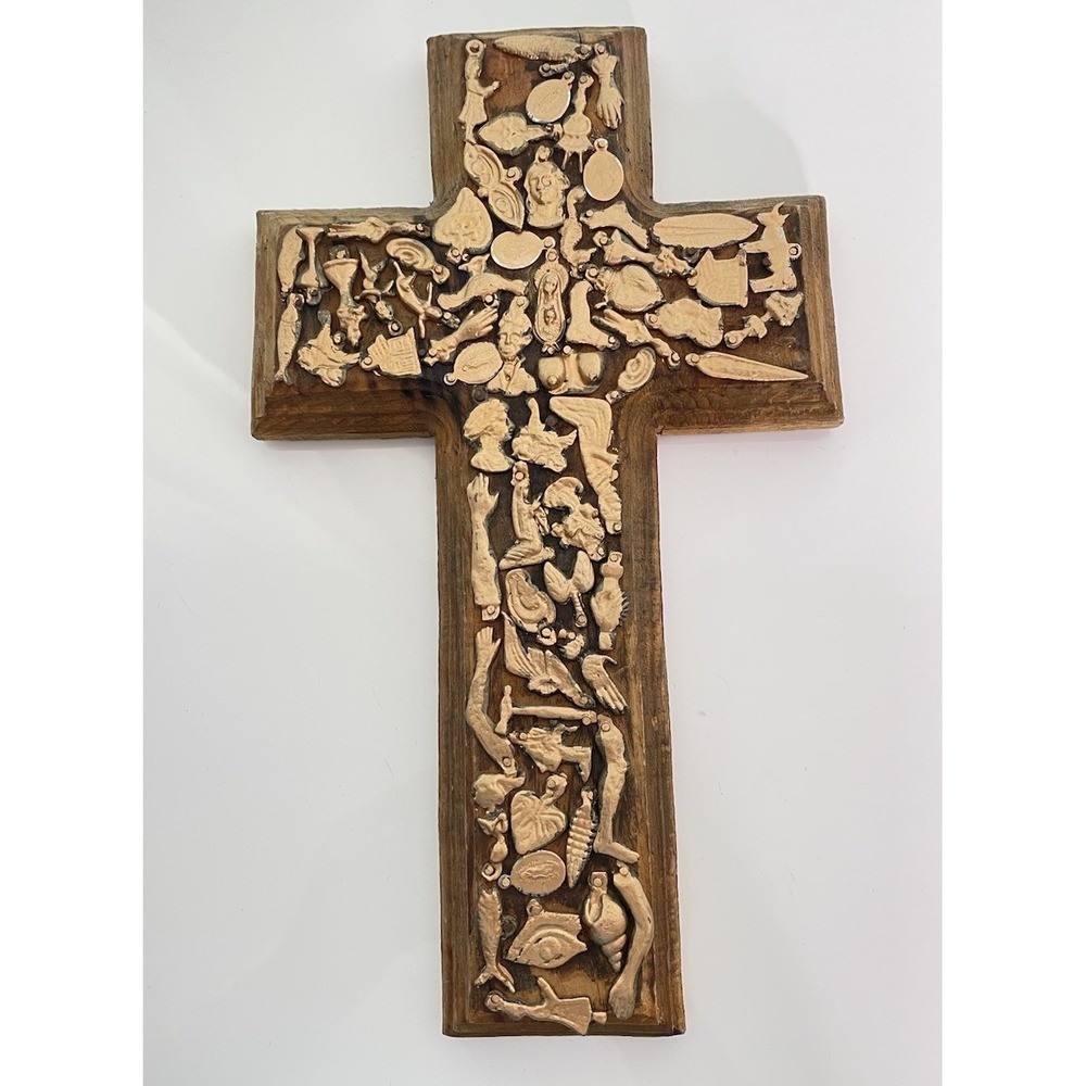 Vintage Mexican Folk‎ Art Wood Cross Milagros Gold Charms